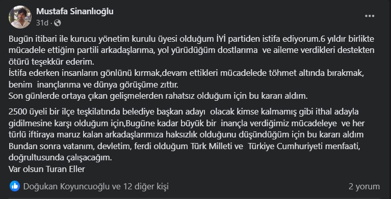 İYİ Parti’de Hatipoğlu istifası! Sinanlıoğlu: İthal adaya karşıyım - Resim : 1