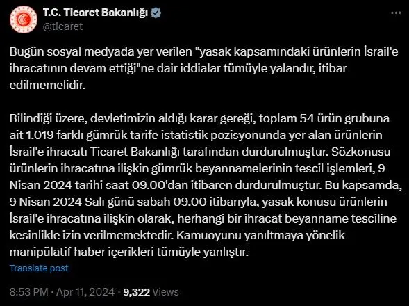 Bakanlıktan açıklama: İsrail'le ihracat 9 Nisan'da durduruldu - Resim : 1