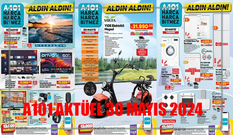 A101 30 MAYIS 2024 KATALOĞU İNDİRİMLİ ÜRÜNLER GÜNCEL LİSTE! A101 Bu Hafta Perşembe Volta YIDE Elektrikli Moped 31.990 TL! 30 Mayıs A101 Harca Harca Bitmez