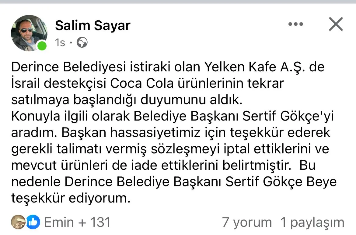 Tepki geldi, Sertif Gökçe talimatı verdi. Derince Belediyesi yeniden Coca Cola boykotuna başlıyor - Resim : 1