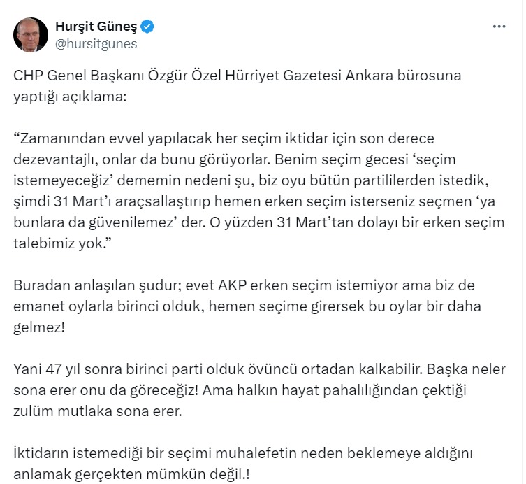 Hurşit Güneş’ten CHP Genel Başkanı Özgür Özel’e seçim eleştirisi - Resim : 1