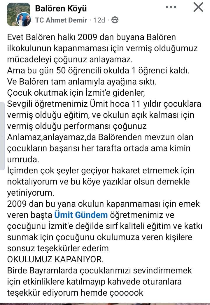 Balören Muhtarı Ahmet Demir üzücü haberi duyurdu! Okul kapanıyor - Resim : 1