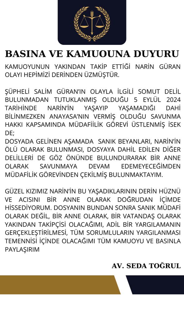 Narin Güran cinayetinde amca Salim Güran'ın avukatından önemli karar: Bir anne olarak... - Resim : 1